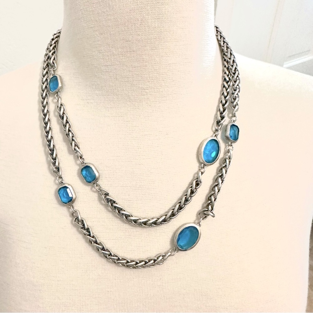 Aquamarine faceted stones on Long braided chain necklace -wear long or short